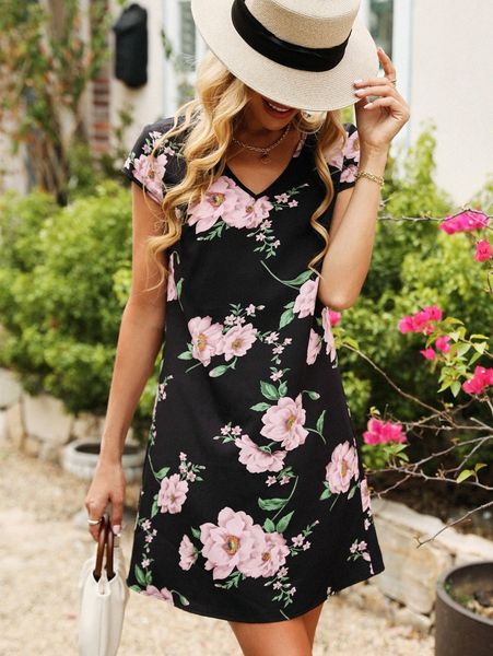 

floral print v neck dress b26s#, Black;gray
