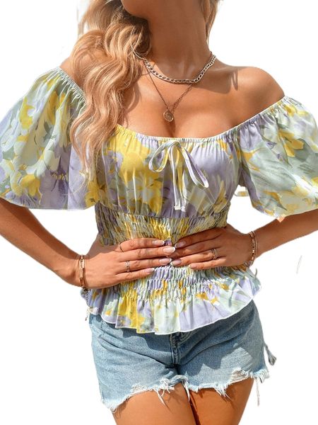 

floral print butterfly sleeve shirred peplum blouse e10b#, White