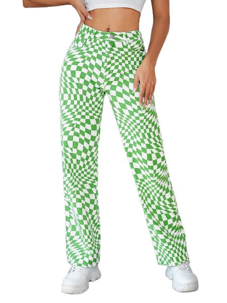 

plaid print straight leg jeans f7vq#, Blue