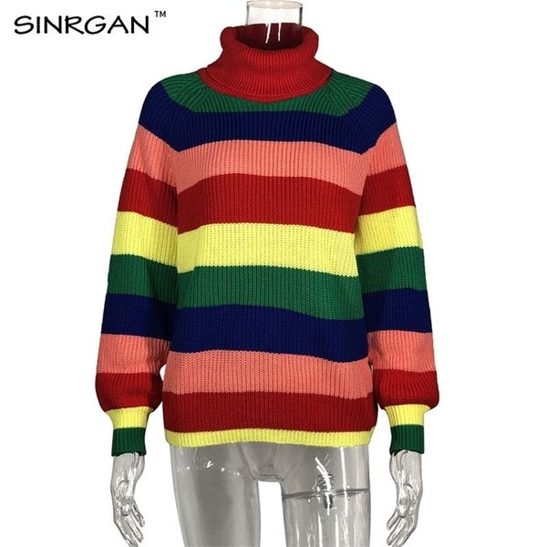 

sinrgan rainbow striped pullovers sweater turtleneck winter sweater women invierno loose knitted female jumper 201203, White;black
