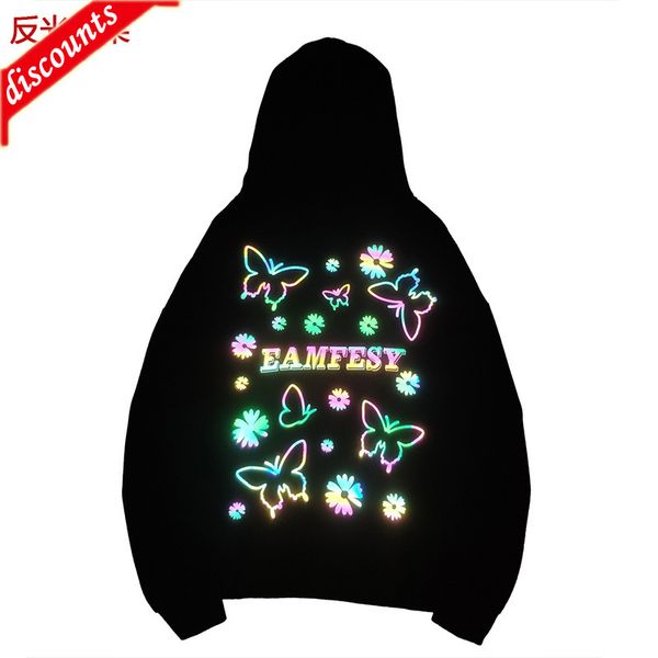 

men's brand fashion trend sweater wholesale reflective print hoodies loose outerwear, Black
