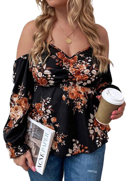 

plus floral print cold shoulder flounce sleeve ruched peplum blouse y1dn#, Black
