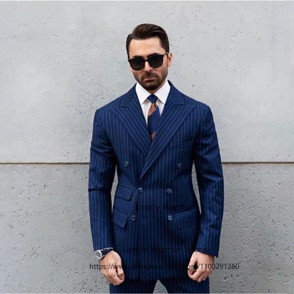 Abiti da uomo Blazer Moda Blu navy Abito da uomo a righe Blazer doppiopetto Business Slim Fit Banchetto Tuxedo 2 pezzi Giacca Pantaloni Set Cos