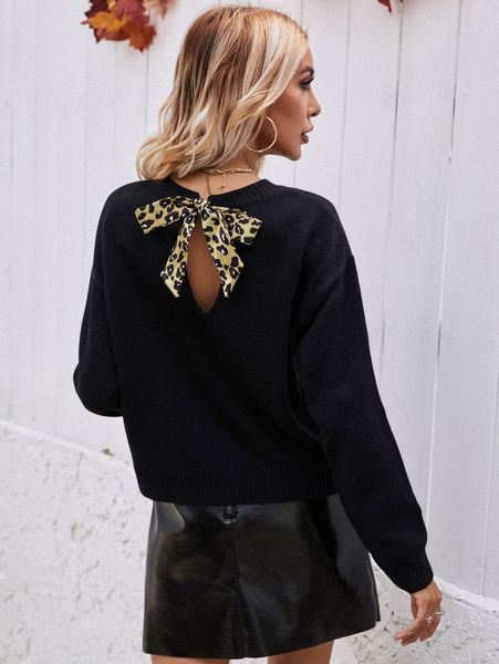 

leopard print cut out tie back drop shoulder sweater 80au#, White;black