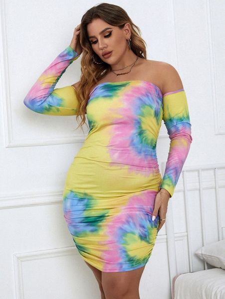 

plus tie dye off shoulder ruched side bodycon dress f7hb#, Black