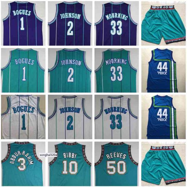 Retro di alta qualità 2 Johnson Jersey 33 Mourning 50 Reeves 1 Bogues Maglie 10 Bibby 3 Abdur Rahim 44 Maglie da basket per uomini di pistola