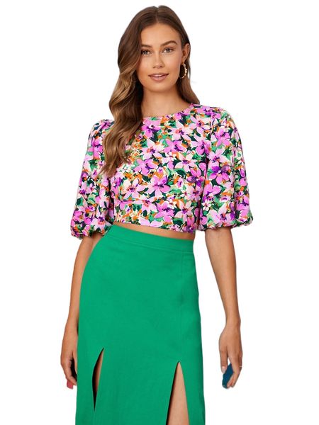 

allover floral print lantern sleeve crop tie backless blouse a4ts#, White