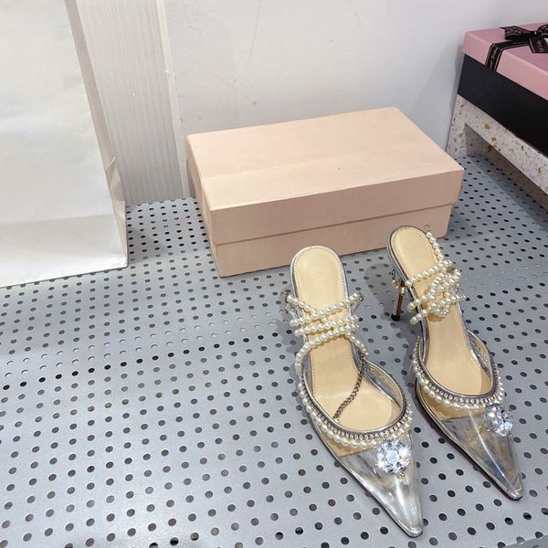 

women unique sandals with imported silk pearls and rhinestones temperament fashion design beautiful appearance high heel 8.5cm, Black