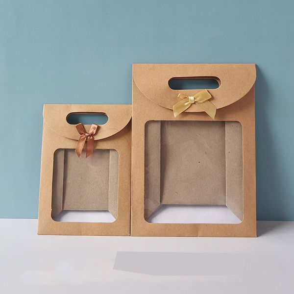 32/26/20 / 16 cm Kraft Paper Portable Gift Bag PVC Clear Window Packaging Borse per matrimonio Compleanno Home Party Battesimo Candy Regali Packaging Box YF0019