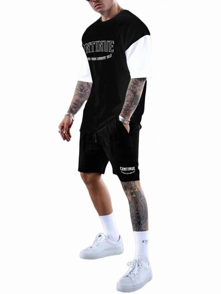 

men letter graphic colorblock tee & shorts 91xh#, Gray