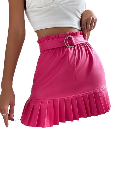 

paperbag waist belted pleated skirt e0l7#, Black