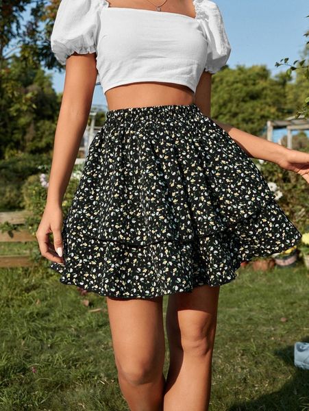 

ditsy floral layered ruffle hem skirt 38ai#, Black