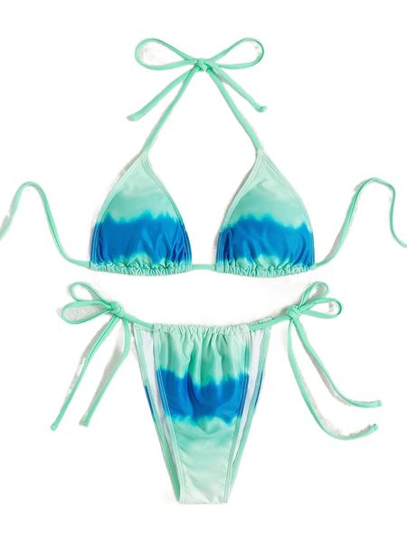 

ombre halter triangle tie side bikini swimsuit 83ng#, White;black