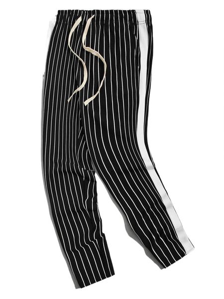 

men striped print drawstring waist pants e5tn#, Black