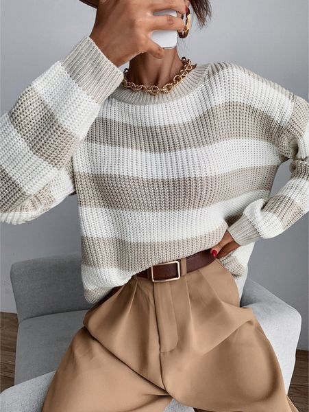 

drop shoulder striped sweater 74gi#, White;black