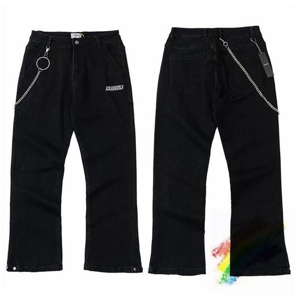 

jeans men women 1 washed embroidered waist metal chain jeans trouser, Black