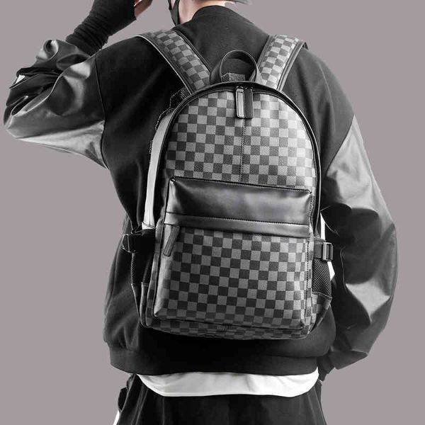 

handbag donkey bag chessboard checked double shoulder messenger single personality trend leather travel backpack man, Black;red