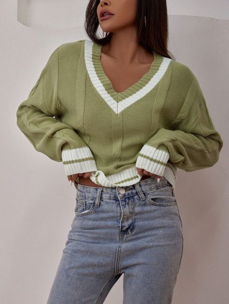 

drop shoulder striped pattern sweater k23k#, White;black