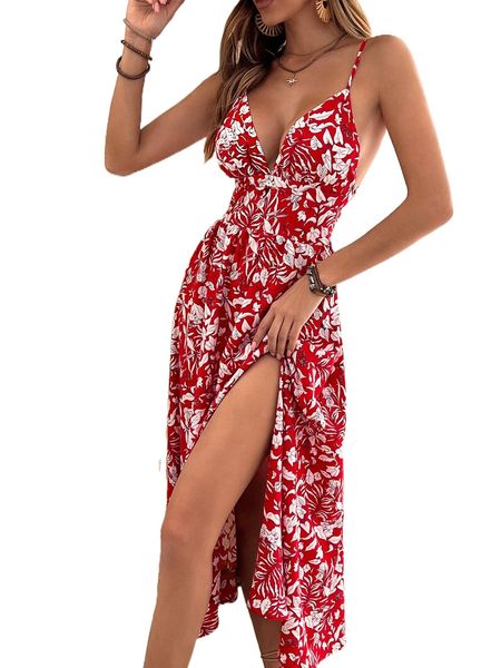 

allover floral print split thigh tie backless dress v1cd#, Black;gray