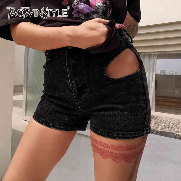

black hollow out slim short for women high waist casual streetwear denim shorts female fashion clothing 210423, White;black