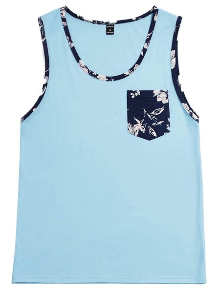 

men contrast binding floral print patched pocket tank l6jt#, White;black