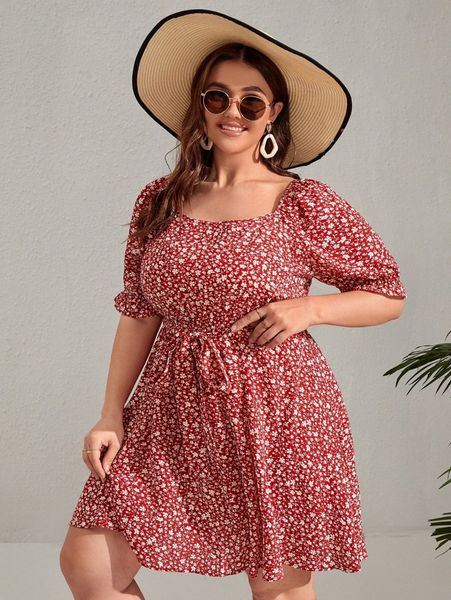 

plus ditsy floral square neck puff sleeve belted dress a1es#, Black