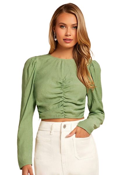 

ruched puff sleeve crop blouse 18wn#, White
