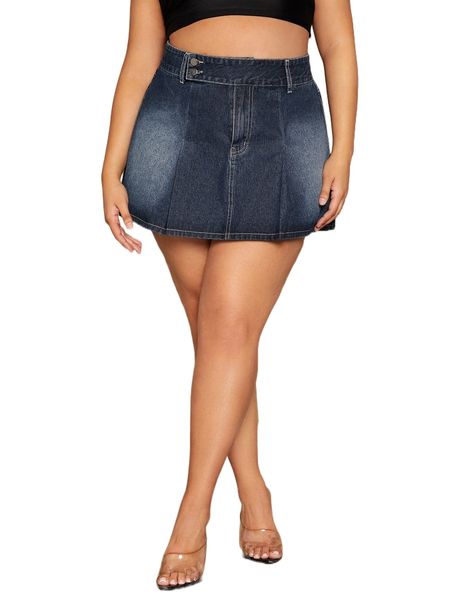 

plus washed plicated detail denim skirt b0lh#, Black