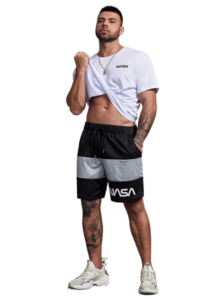 

extended sizes men letter & colorblock drawstring waist shorts f0tu#, White;black