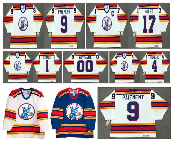 Vintage Kansas City Scouts Jersey 1 DENIS HERRON 4 STEVE DURBANO 9 WILF PAIEMENT 17 SIMON NOLET Branco Nome Personalizado Número Retro CCM Hóquei Azul Branco