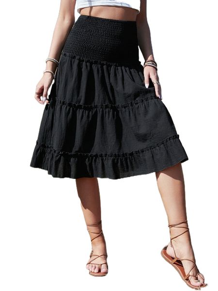 

shirred waist ruffle hem skirt n34j#, Black