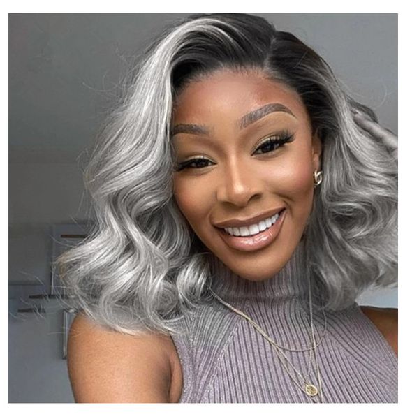

1b grey ombre lace front wig brazilian wavy short bob human hair wigs for women hd transparent gray closure frontal wig 150% density natural, Black;brown