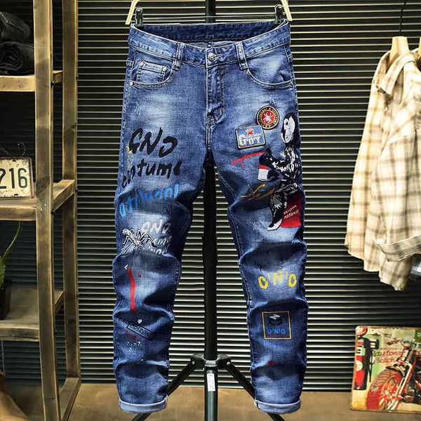 

men's pants high-end alphabet printed embroidery nightclub trendy pants small straight elastic whitening men's jeans 6301 aknw, Black