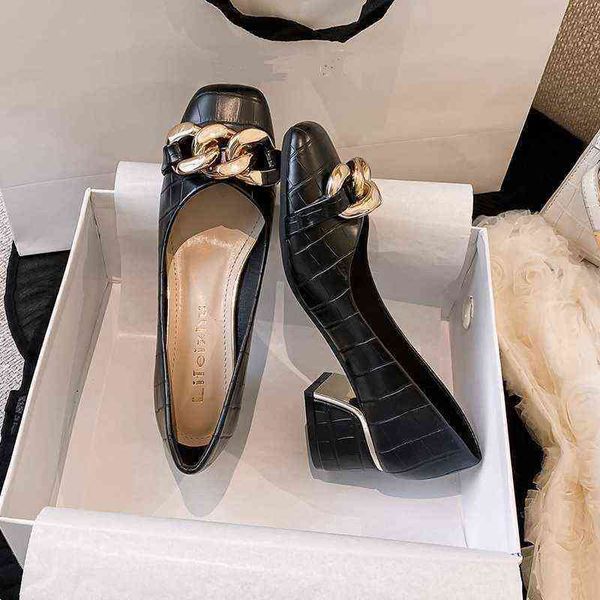 

dress shoes new fashion spring autumn women round nose ladie short heel chain design chunky pump 220715, Black