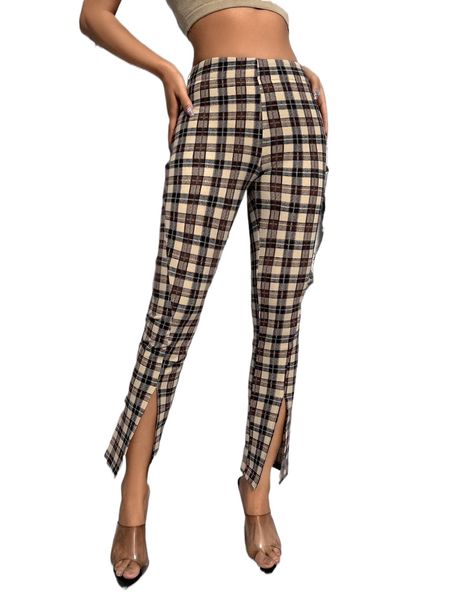 

petite plaid split hem pants l02q#, Black;white