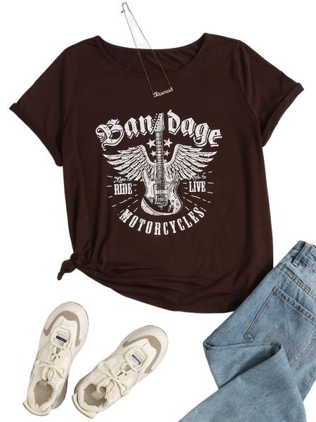 

plus guitar and letter graphic tee f1k5#, Black