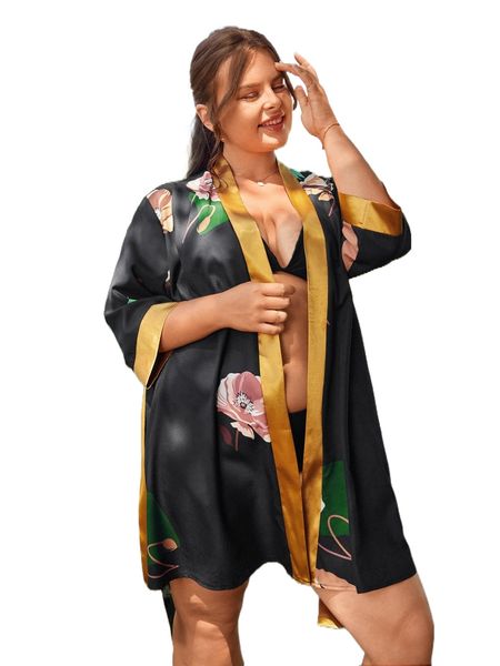 

plus floral print belted satin robe l0nl#, Black;white