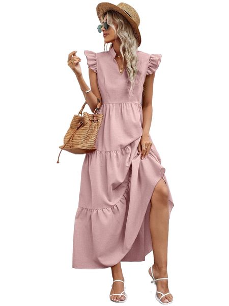 

notched collar cap sleeve ruffle hem dress t29b#, Black;gray