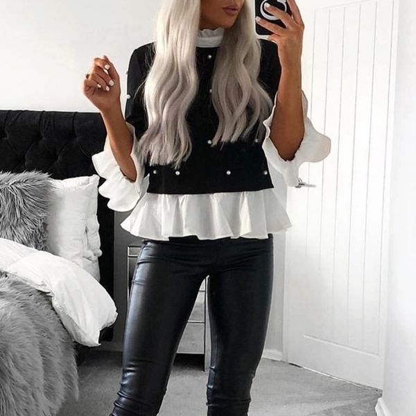 

beading ruffles elegant long sleeve patchwork slim women autumn blouse office ladies casual harajuku korean blusa sj4885e y200402, White