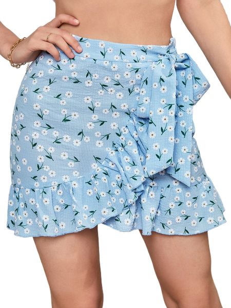 

ditsy floral print ruffle hem knot side skirt b1ef#, Black