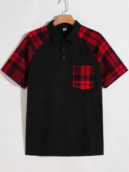 

men contrast plaid raglan sleeve polo shirt j7ol#, White;black