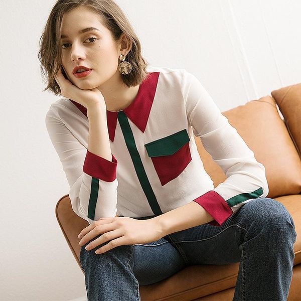 

women's blouses & shirts real silk blouse shirt women long sleeve blusas femininas office lady loose natural patchwork casual, White