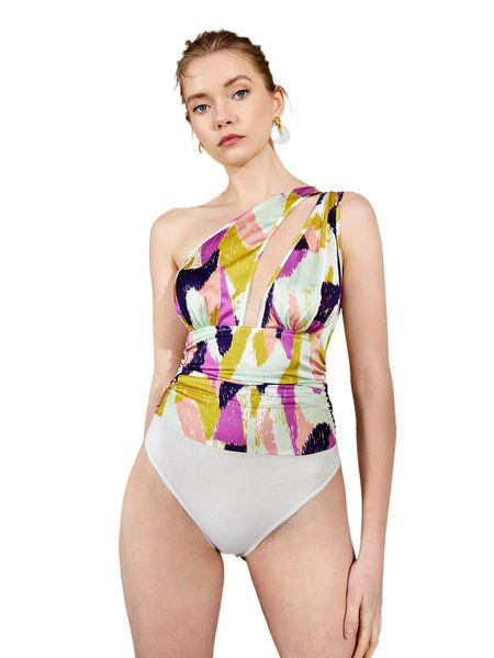 

brush print cut out one shoulder bodysuit e8mw#, White