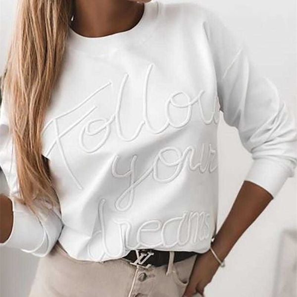 

women fashion casual white long sleeve autumn round neckletter pattern long sleeve t-shirt 210716