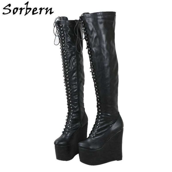 

sorbern 20cm slim heels wedges boots mid thigh high over the knee platform custom slim fit legs lace up boot female drag queen, Black