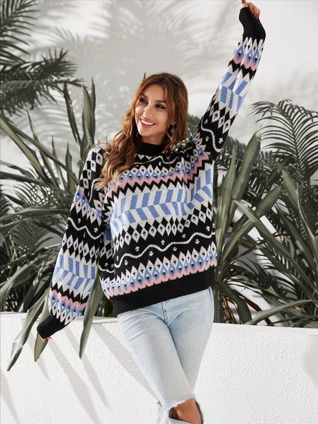 

luukse mock neck fair isle pattern drop shoulder sweater v4zc#, White;black
