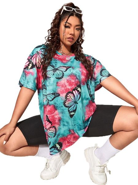 

plus butterfly print tie dye tee w2vv#, Black