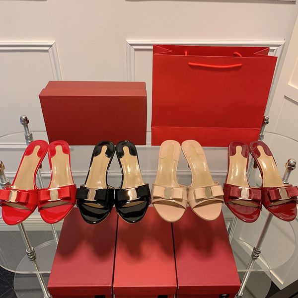 

2022 designer f luxury women slippers sandals calfskin insole golden buckle bowknot high-heeled sandal 4cm scuff summer low heel slides flip, Black