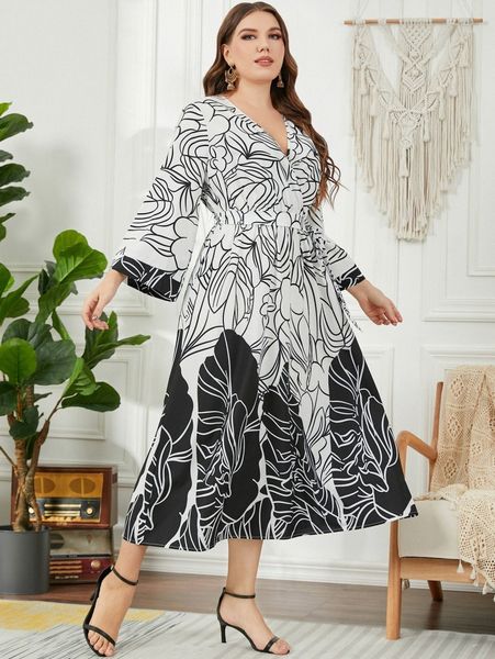 

plus plant print overlap collar trumpet sleeve belted dress r9sk#, Black