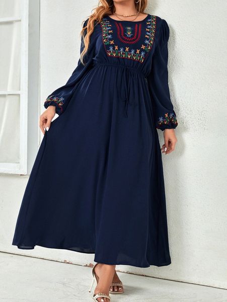 

plus floral embroidery lantern sleeve knot front dress g88b#, Black